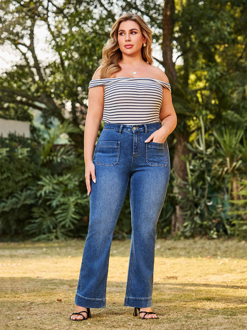 70s Retro High Waist Patch Pocket Stretch Flare Jeans
