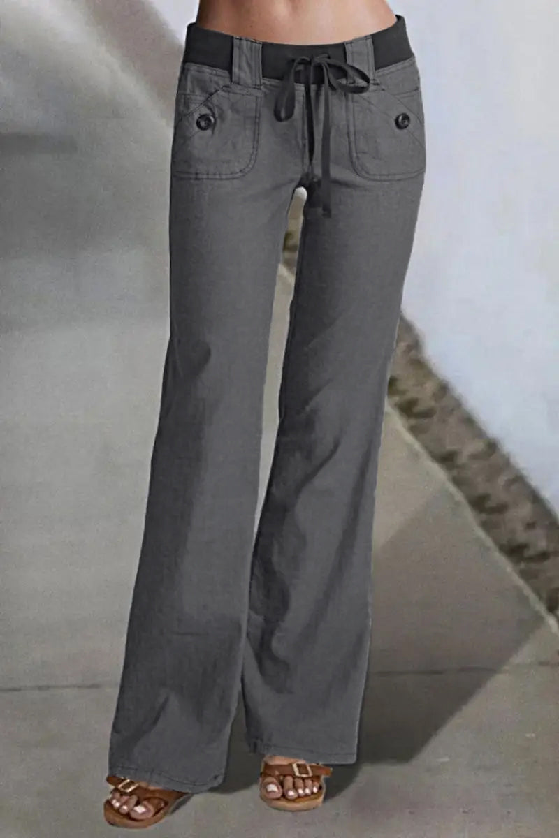 Button Detail Drawstring Low Rise Flare Pants