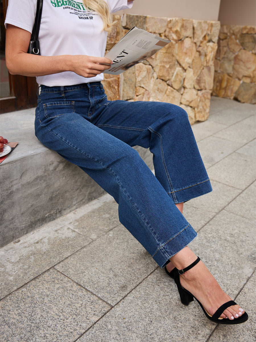 High Waist Patch Pocket Dark Blue Stretch Bell Bottom Jeans