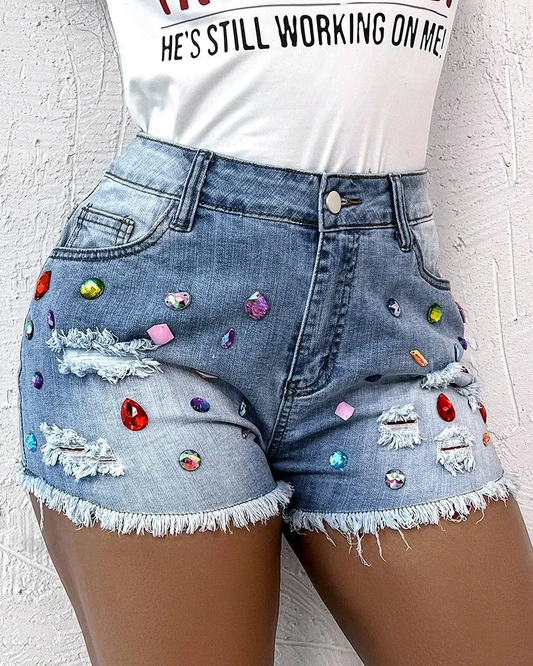 Premium Rhinestone Embellished Raw Hem Denim Shorts