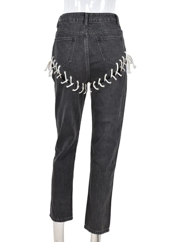 Ladies Denim Blue Lace-up Straight Trend Denim Tights