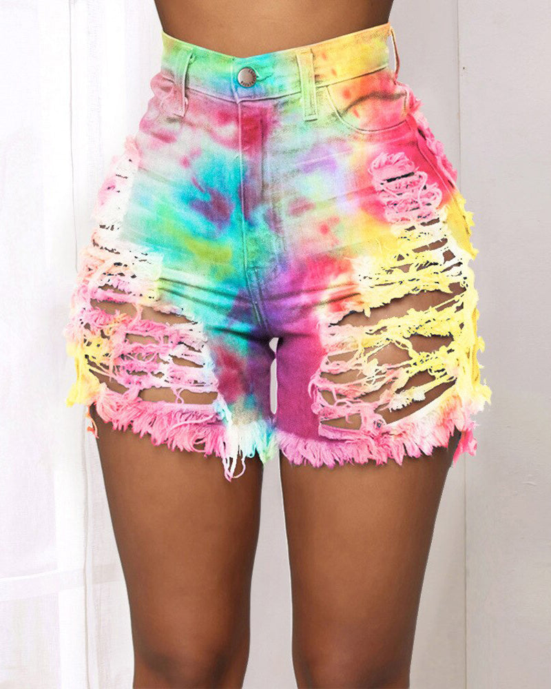 Fashion Ripped Tie Dye Denim Shorts