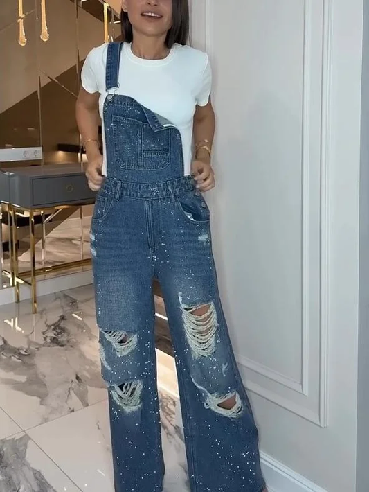Ripped Diamanté Denim Overalls