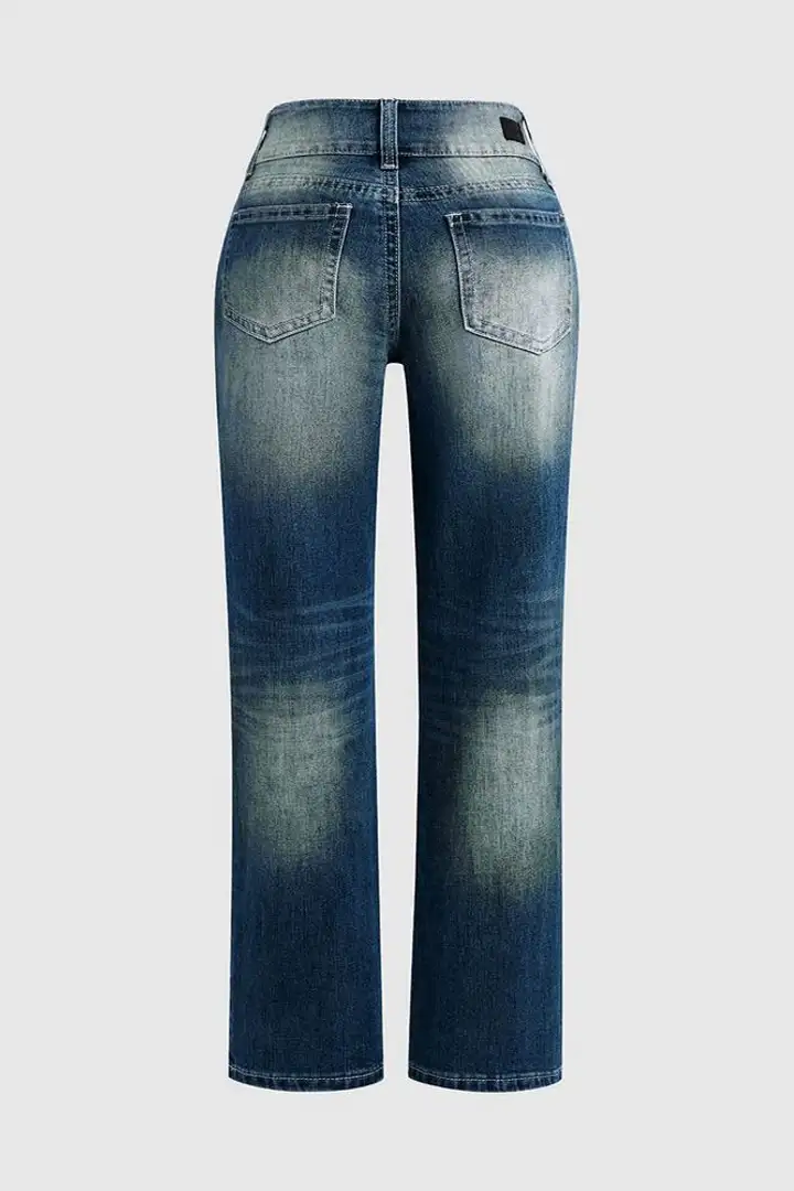 Wash Stretchy Double Button Mid Waist Bootcut Jeans