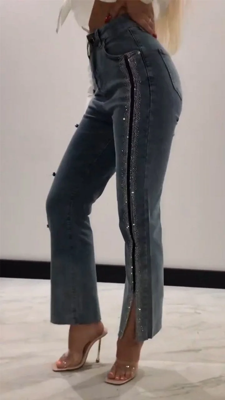 Diamond Patchwork Design Slit Slim Jeans