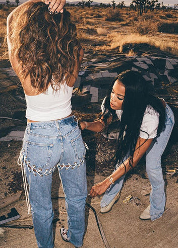 Ladies Denim Blue Lace-up Straight Trend Denim Tights