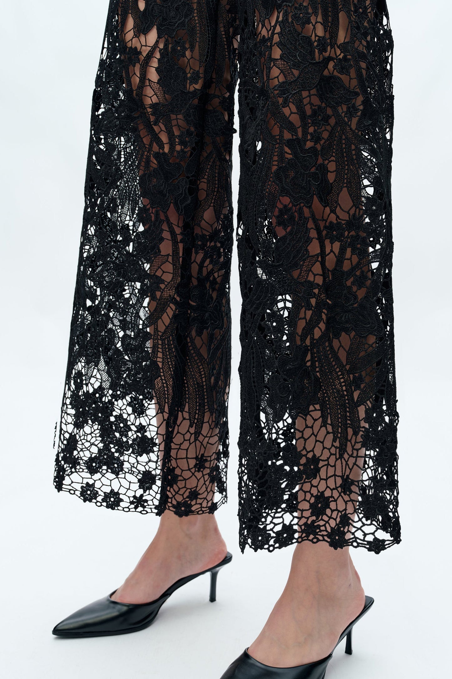 High Rise Wide Leg Lace Denim Jeans With Rhinestones