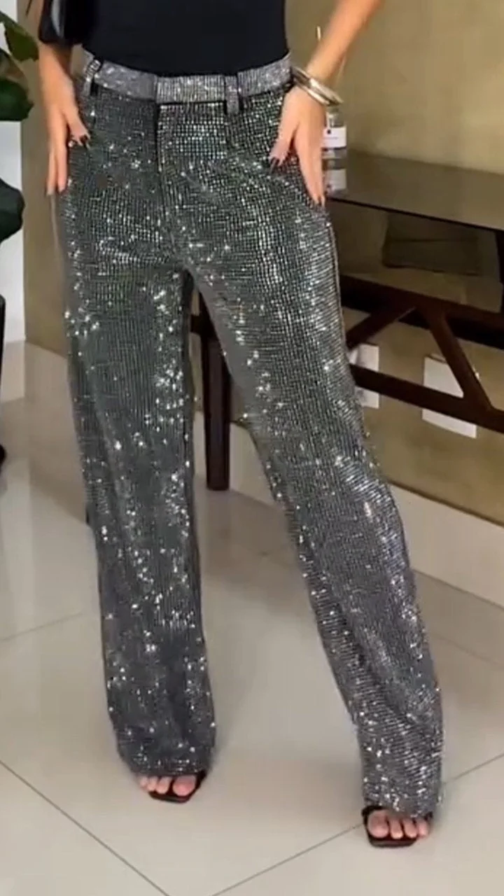 Rhinestone Casual Straight Pants