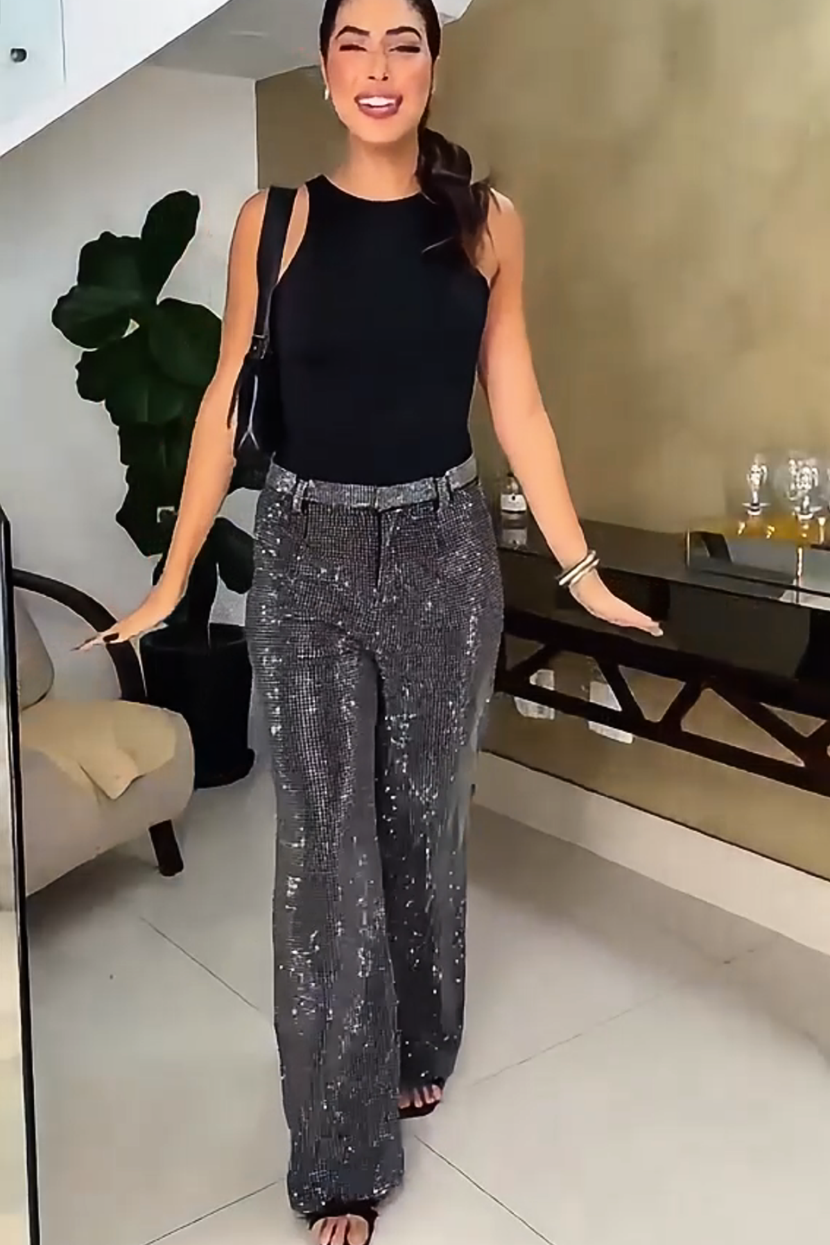 Rhinestone Casual Straight Pants