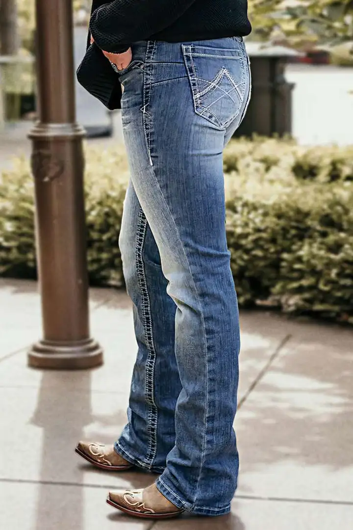Stitch Detail Dual Button Mid Waist Straight Leg Jeans