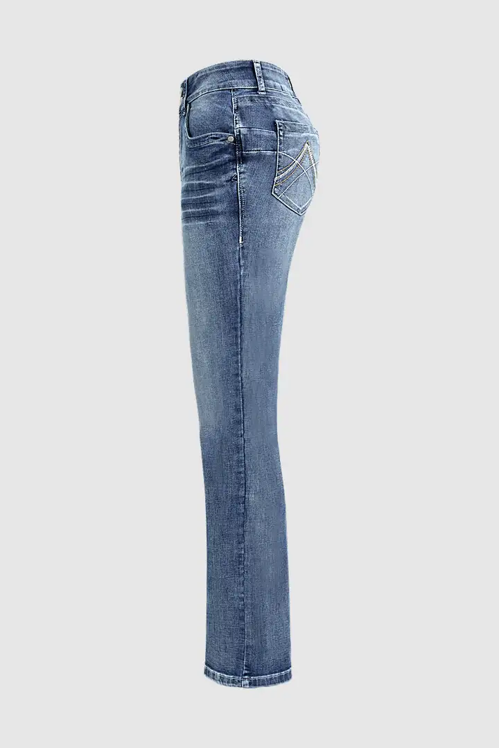 Stitch Detail Dual Button Mid Waist Straight Leg Jeans