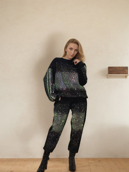 Rhinestone Accented 2-Piece Tracksuit Womens Set