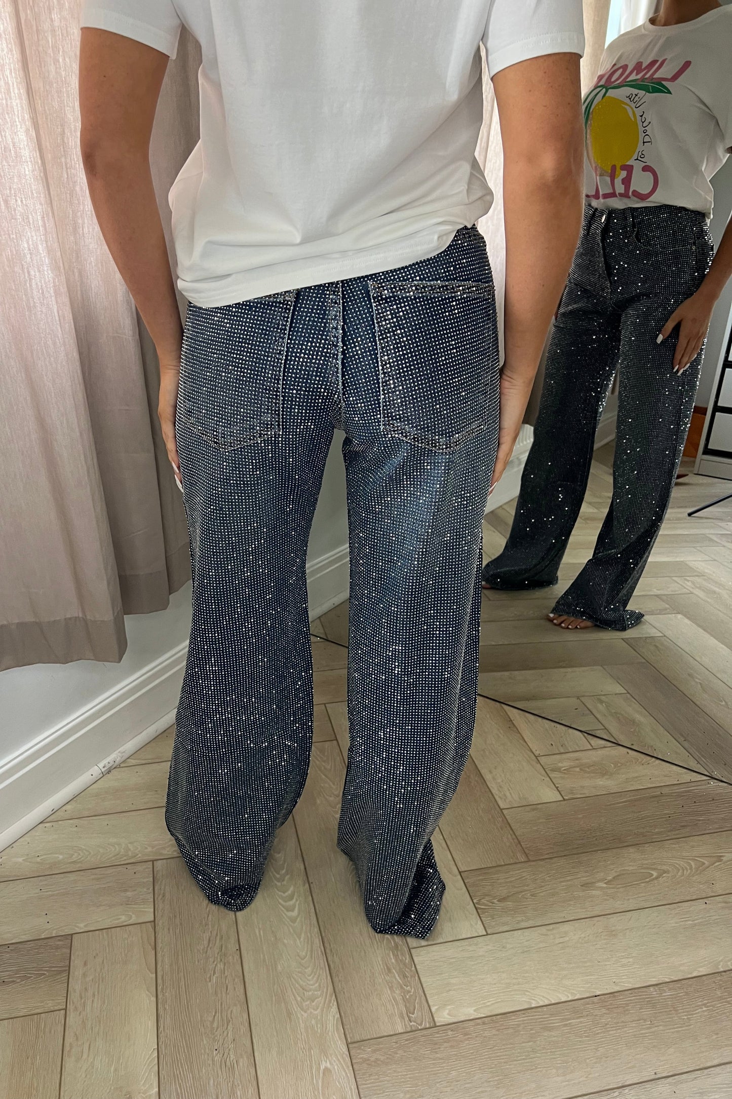 Full Diamanté Blue Wide Leg Sparkle Covered Jeans