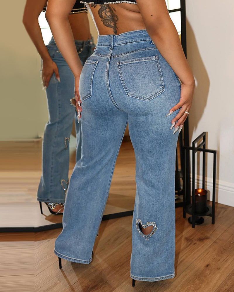 Women Straight Heart Diamond Hollow Out Pockets Vintage Denim
