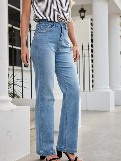 High Waist Wash Stretch Slim Straight-Leg