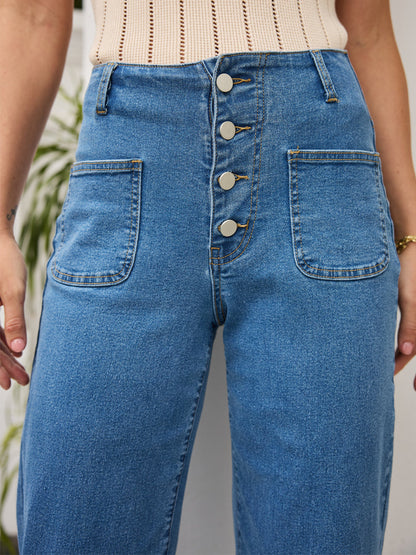 High Waist Stretch Dual Front Pockets Straight Leg Jeans