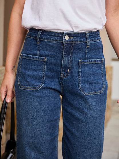 High Waist Patch Pocket Dark Blue Stretch Bell Bottom Jeans
