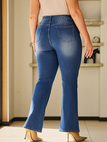 Multi-Button Washed Elastic Bell Bottom Jeans