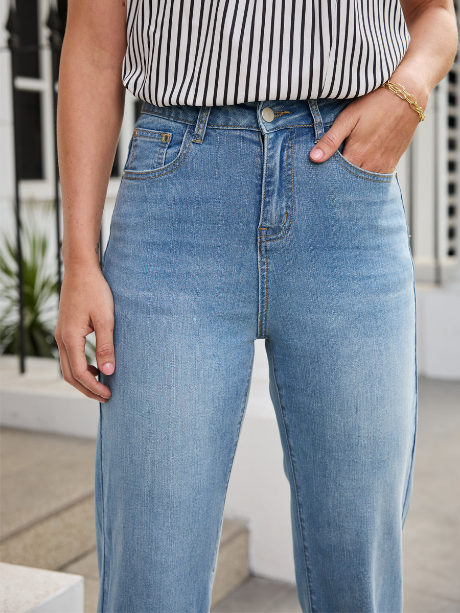 High Waist Wash Stretch Slim Straight-Leg