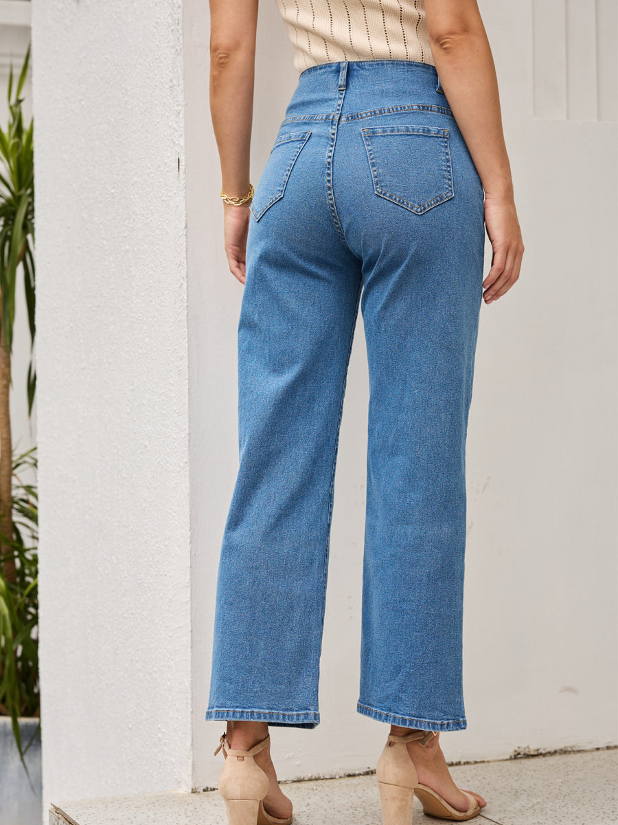 High Waist Stretch Dual Front Pockets Straight Leg Jeans