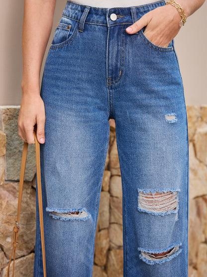 Classic Relaxed High Waisted Ripped Light Wash Straight Leg Jeans