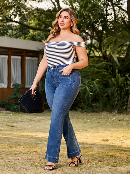 70s Retro High Waist Patch Pocket Stretch Flare Jeans