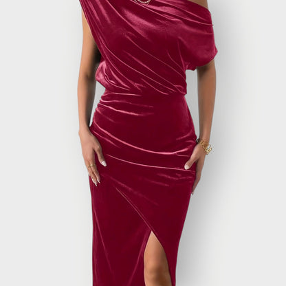 Grecia – Off-Shoulder Draped Velvet Midi Dress