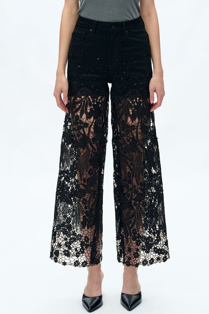 High Rise Wide Leg Lace Denim Jeans With Rhinestones
