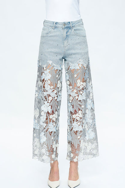 High Rise Wide Leg Lace Denim Jeans With Rhinestones