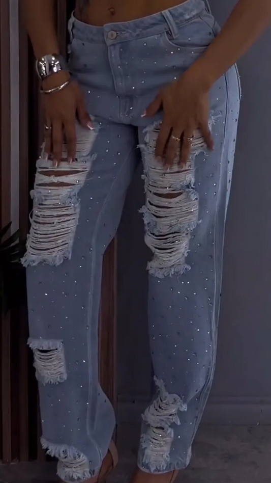 Hot Diamond Scratch Mark Hollow Skinny Jeans