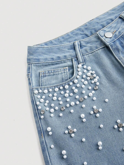 Women's Jeans With Faux Pearl