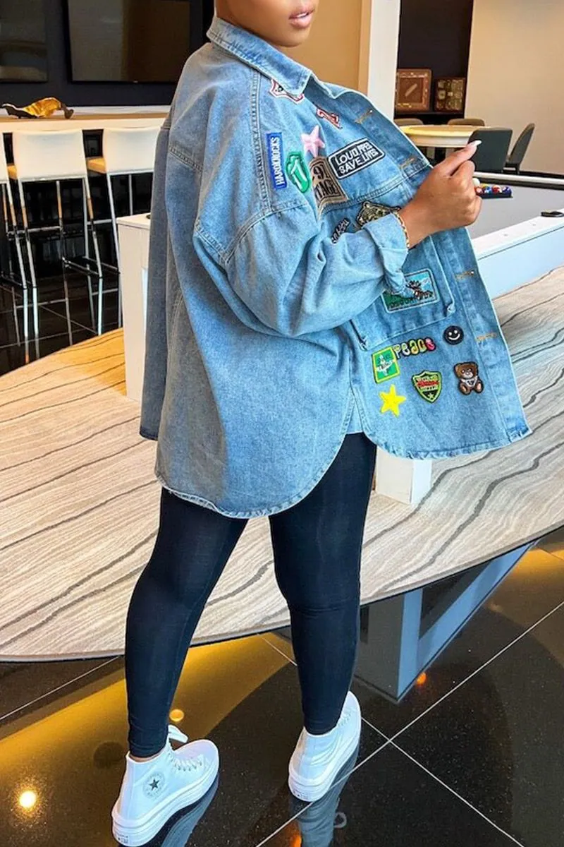 Womens Yellow Street Patchwork Turndown Collar Long Sleeve Denim Jacket