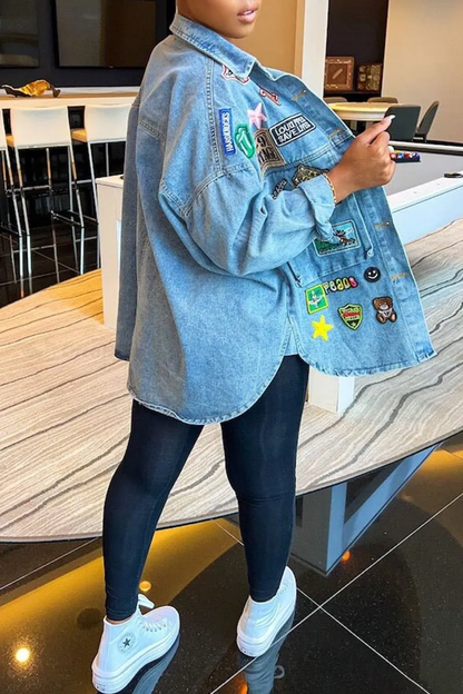 Womens Yellow Street Patchwork Turndown Collar Long Sleeve Denim Jacket