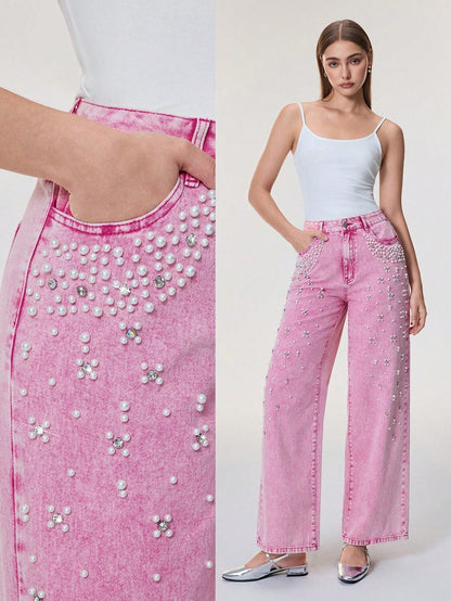 Women's Jeans With Faux Pearl