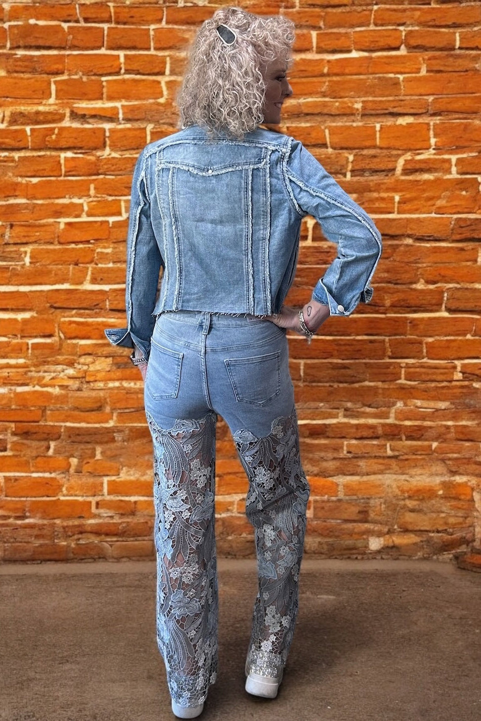 High Rise Wide Leg Lace Denim Jeans With Rhinestones