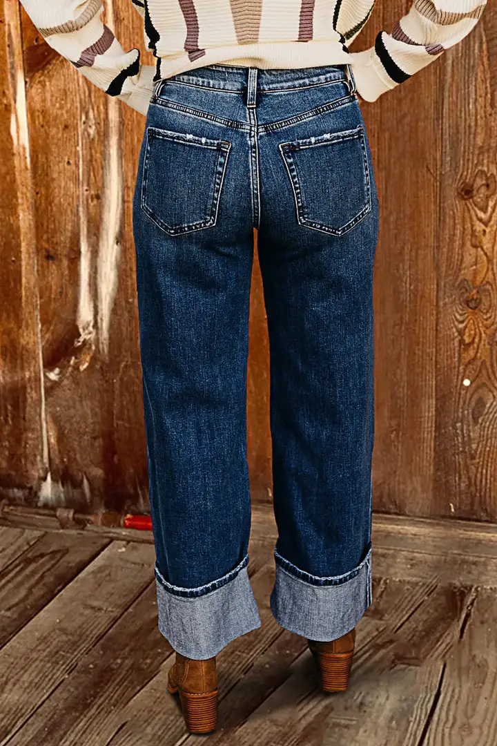 Roll Hem Wash Mid Waist Straight Leg Jeans