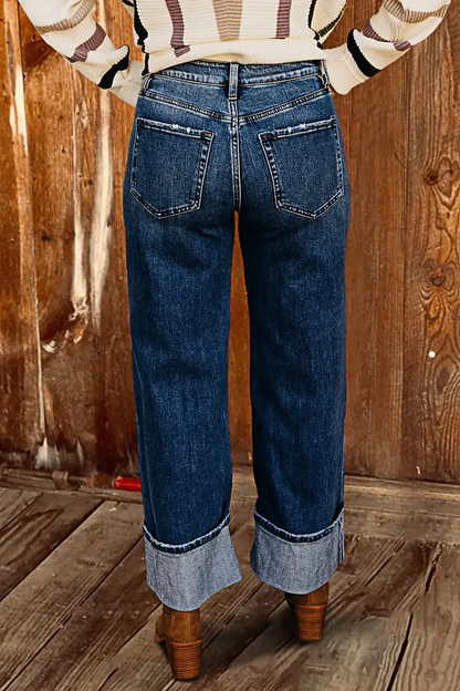 Roll Hem Wash Mid Waist Straight Leg Jeans