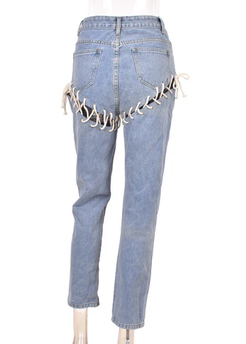 Ladies Denim Blue Lace-up Straight Trend Denim Tights