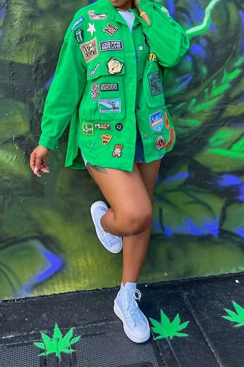 Womens Yellow Street Patchwork Turndown Collar Long Sleeve Denim Jacket