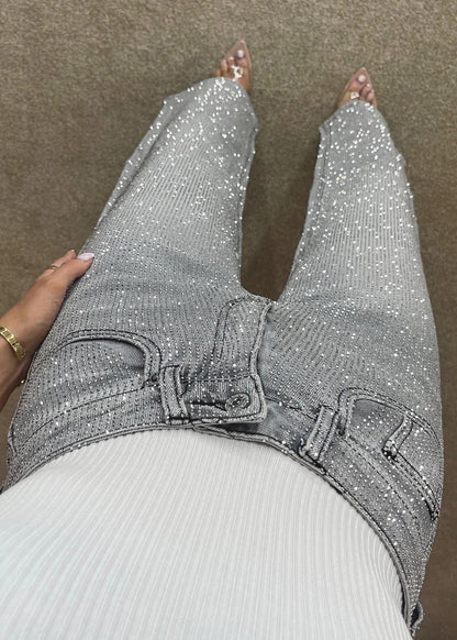 High Waisted Diamanté Straight Leg Grey Jeans