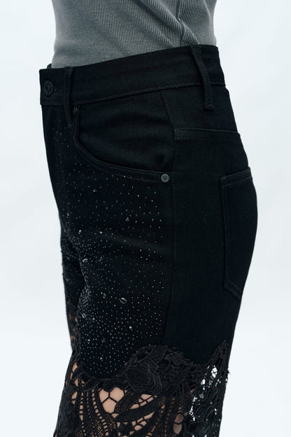 High Rise Wide Leg Lace Denim Jeans With Rhinestones