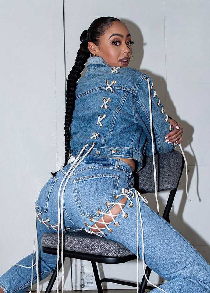 Ladies Denim Blue Lace-up Straight Trend Denim Tights