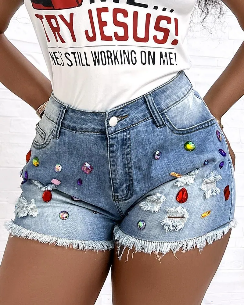 Premium Rhinestone Embellished Raw Hem Denim Shorts