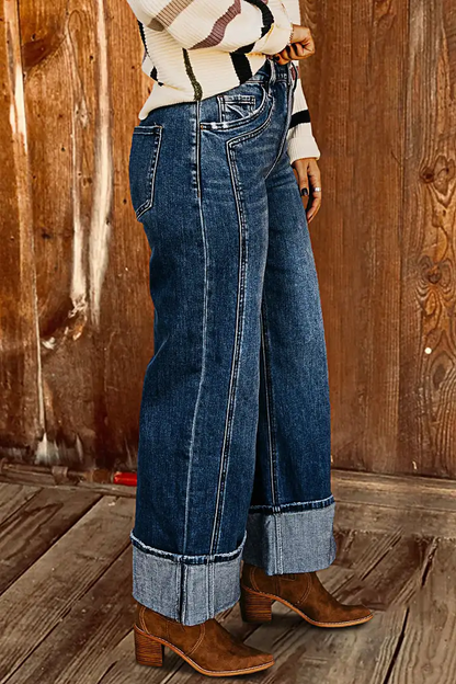 Roll Hem Wash Mid Waist Straight Leg Jeans