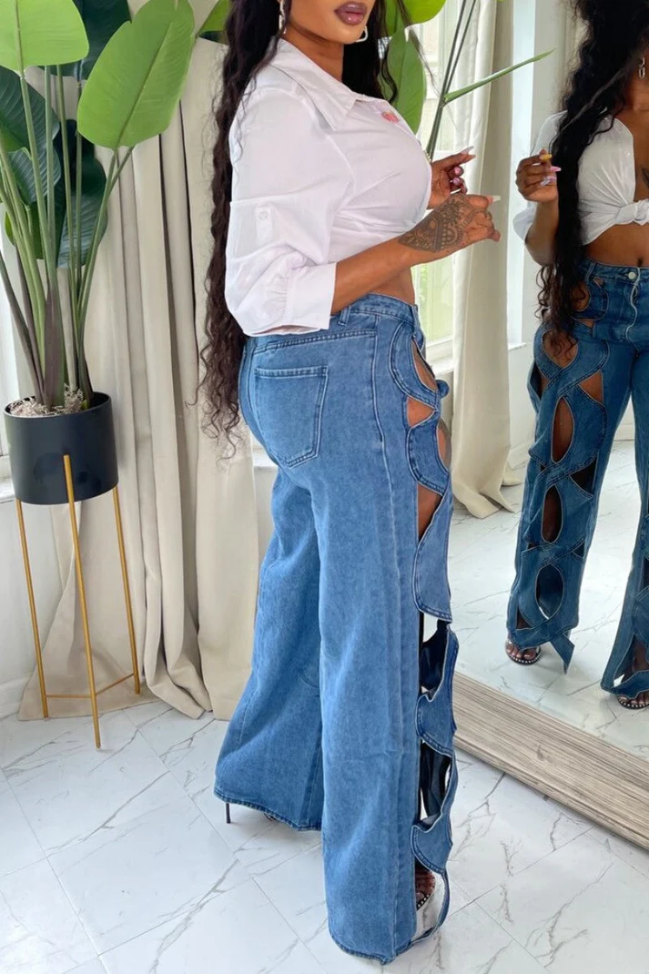 Solid Hollowed Out Patchwork High Waist Regular Denim Jeans