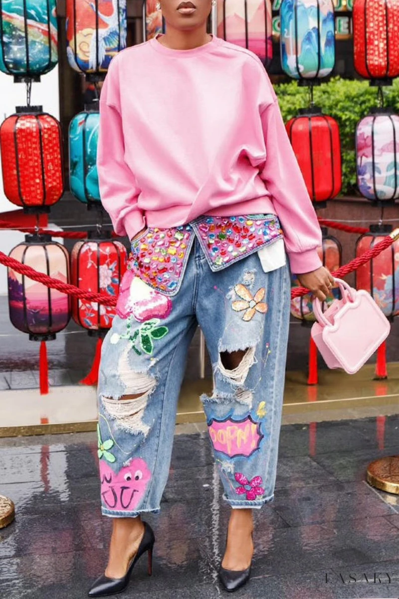 Women's Heavy-duty Rhinestone Printed Ripped Jeans