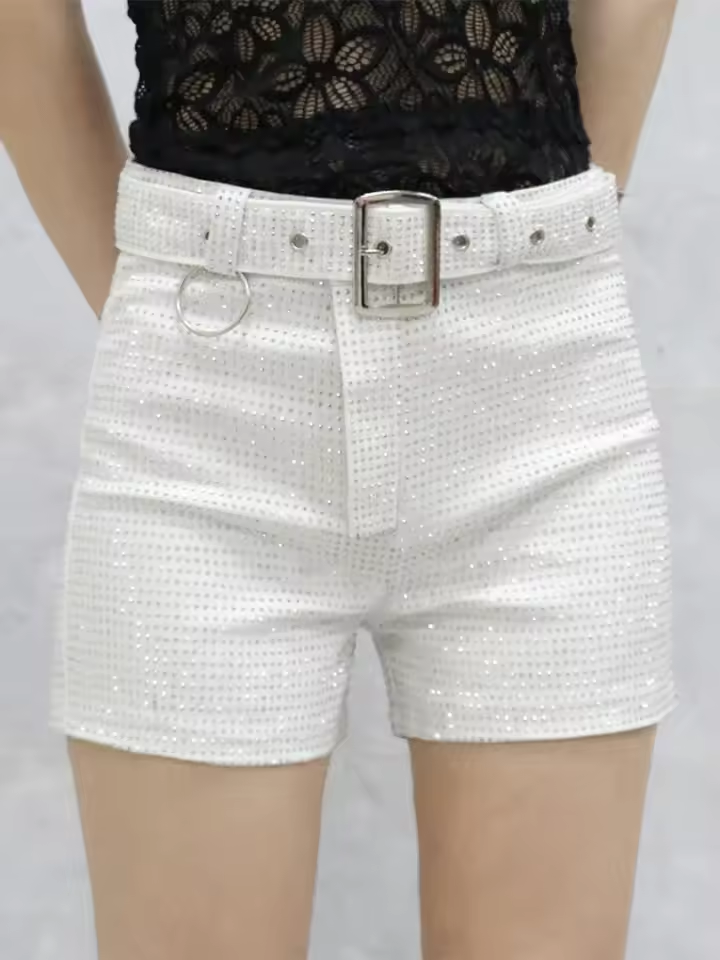 High Waist Rhinestone Belt Wide Leg Denim Shorts