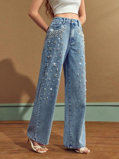 Women's Jeans With Faux Pearl