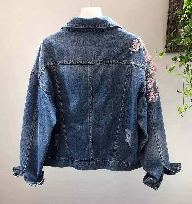 Womens Beads Flower Denim Jacket Fashion Lapel Collar Jeans Casual Outwear Coat