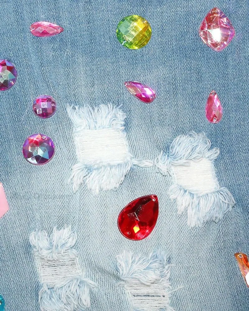 Premium Rhinestone Embellished Raw Hem Denim Shorts